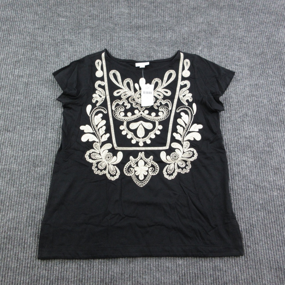 J. Jill Shirt Womens S Black Embroidered Crew Neck Cotton Modal Short Sleeve NWT
